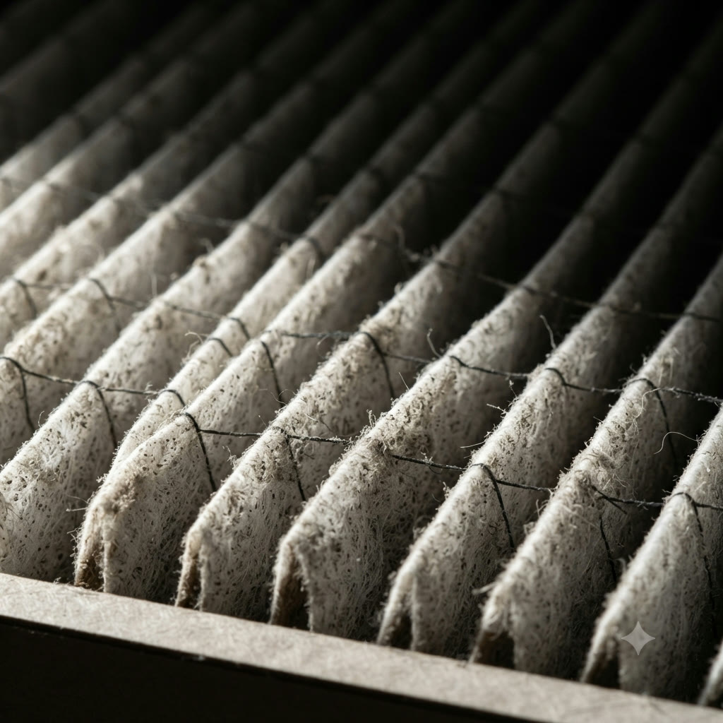 Close-up of white pleated HEPA filter media in warm light