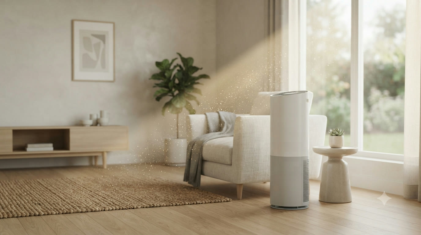 White tower air purifier in a sunlit living room, dust motes visible in a beam of light