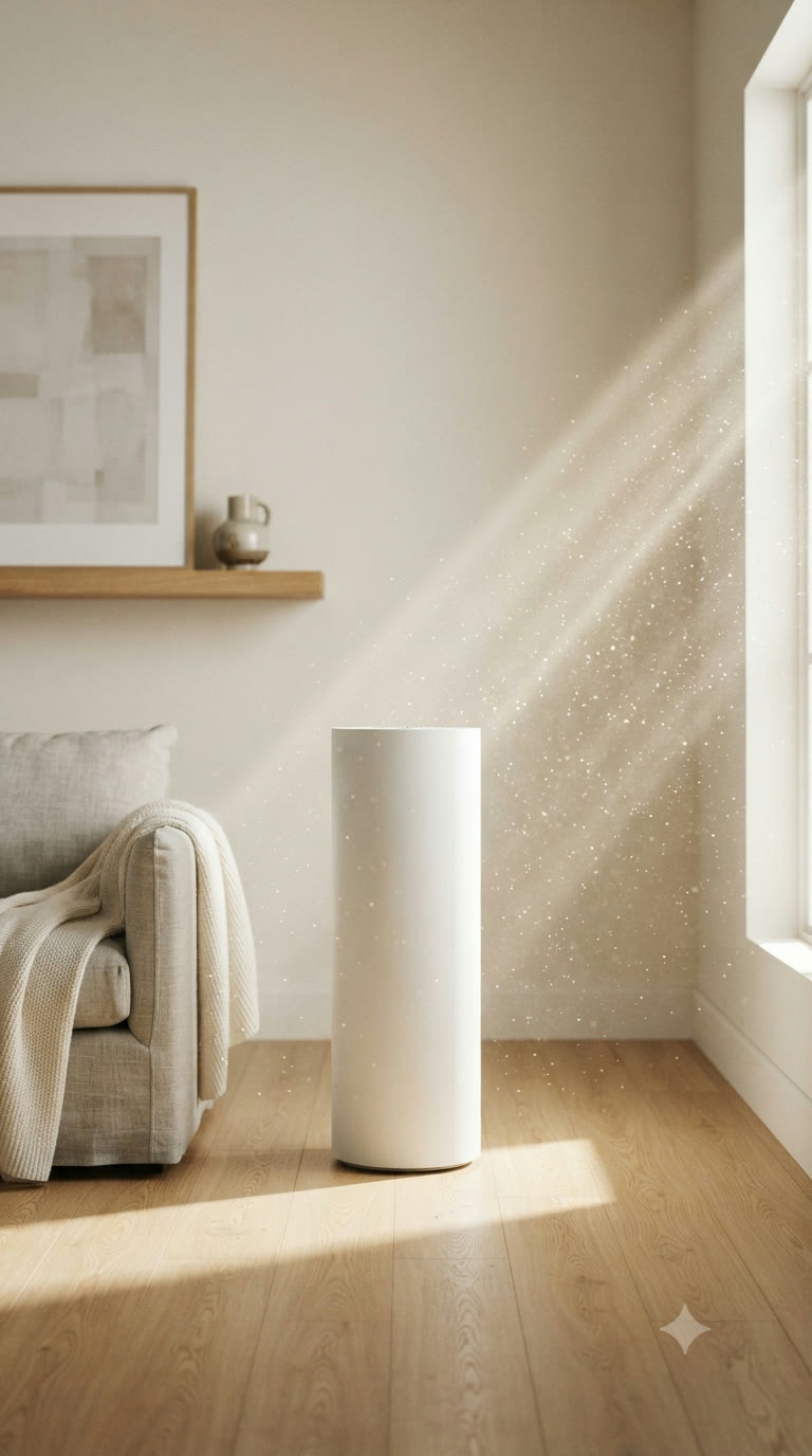 Cylindrical white air purifier beside a window, a sunbeam full of dust motes crossing the wall behind it